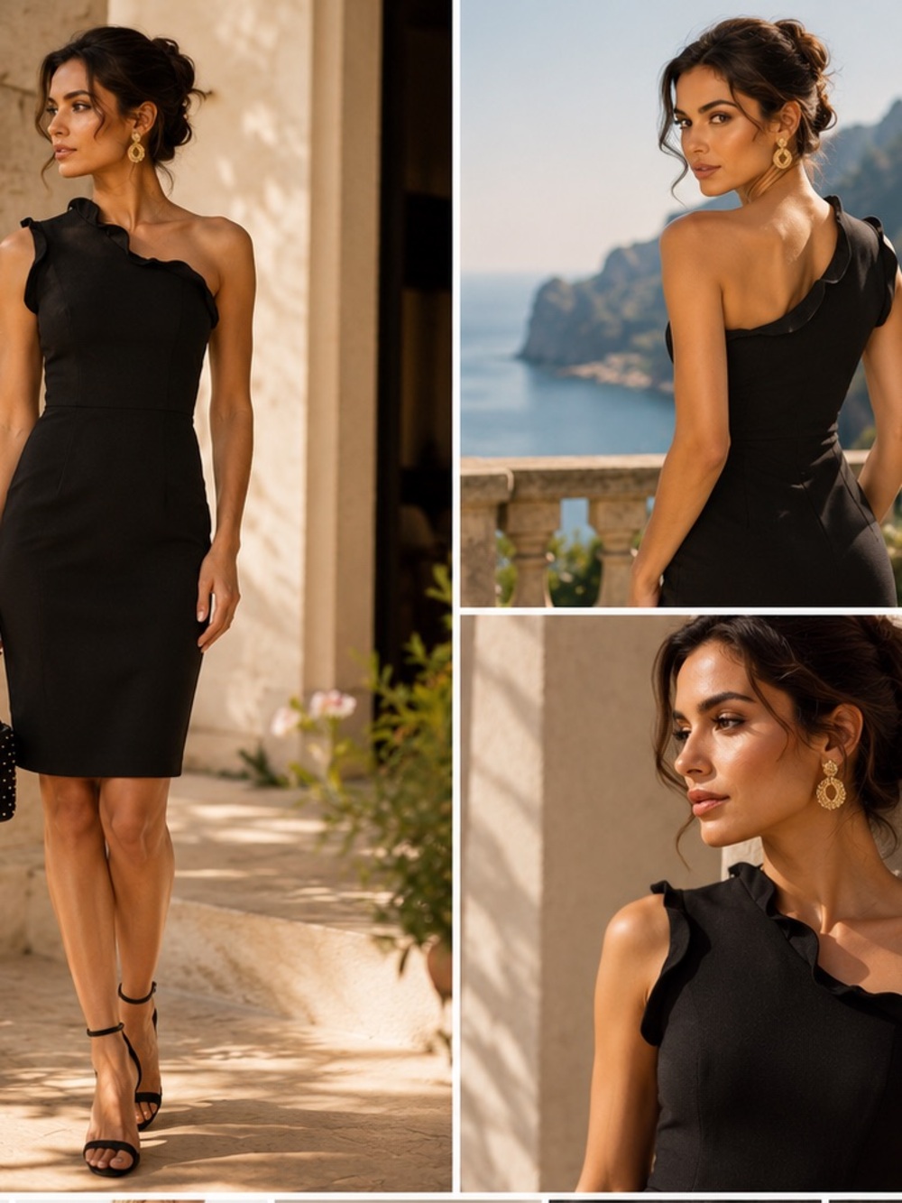 Black Halo Provella black one shoulder sheath dress ruffle trim Size 2 - Picture 10 of 10
